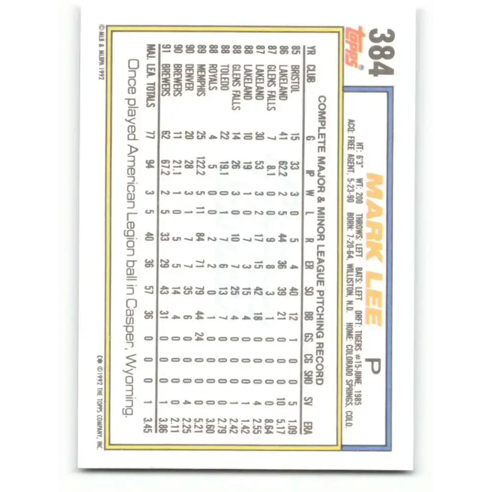 1992 Topps #384 Mark Lee NM-MT Milwaukee Brewers Baseball Card - Baseball Card Single