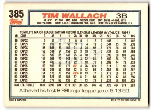 Original gloss Tim Wallach baseball card from 1992 Topps #385 Expos ID 43508