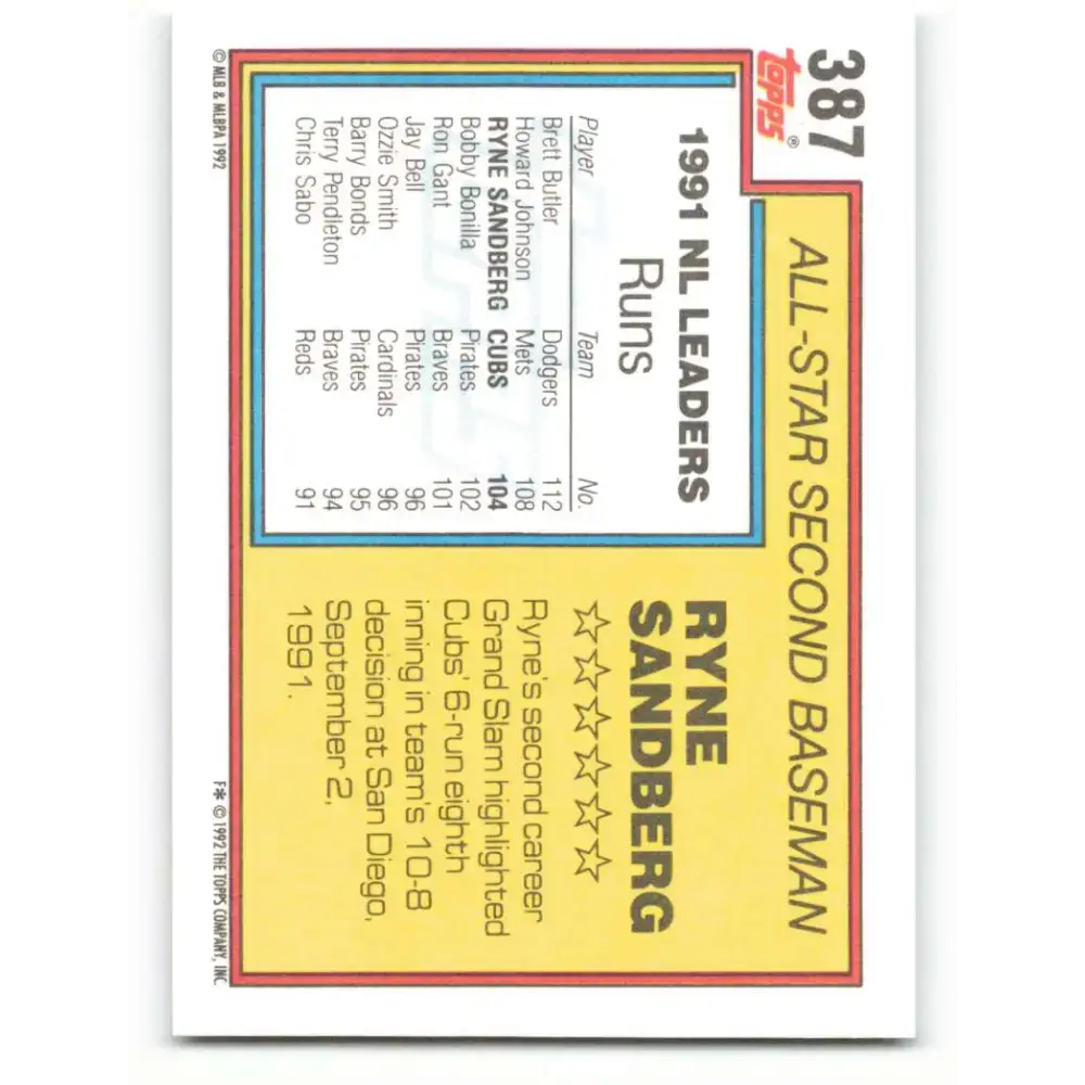 1992 Topps #387 Ryne Sandberg EX Excellent Chicago Cubs Baseball Card - Baseball Card