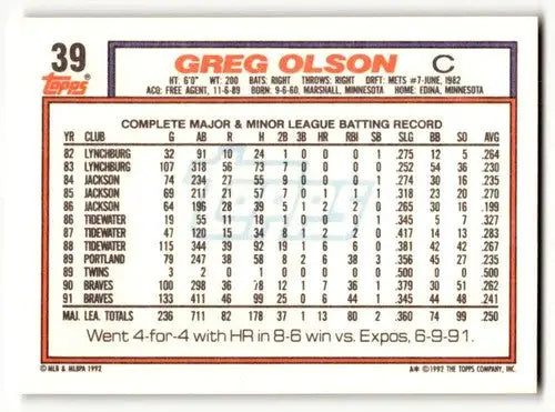 1992 Topps #39 Greg Olson Atlanta Braves Baseball Cards EX/NM ID:55825 - Baseball Card Single