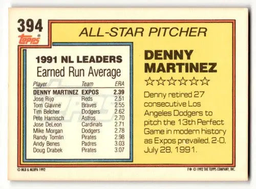 1992 Topps #394 Denny Martinez Montreal Expos Baseball Cards EX/NM ID:55796 - Baseball Card Single