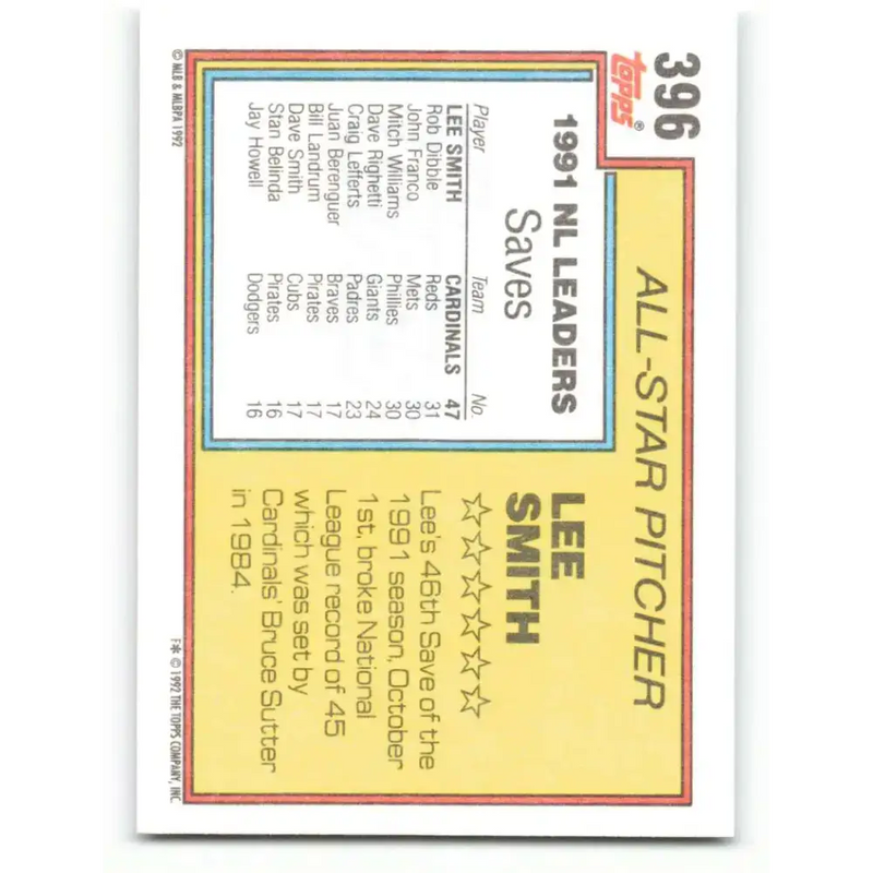 1992 Topps #396 Lee Smith NM-MT St. Louis Cardinals Baseball Card - Baseball Card Single