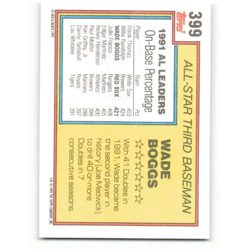 1992 Topps #399 Wade Boggs NM-MT Boston Red Sox Baseball Card - Baseball Card Single