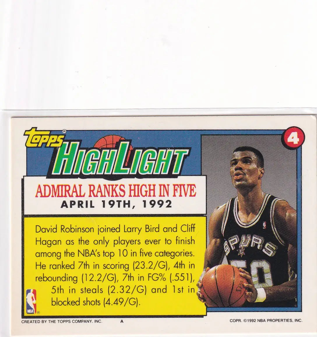 1992 TOPPS #4 DAVID ROBINSON HIGHLIGHT- SAN ANTONIO SPURS - Basketball Card Single