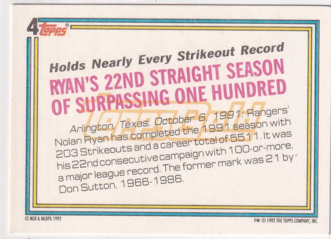 1992 TOPPS #4 NOLAN RYAN RECORD BREAKER- TEXAS RANGERS