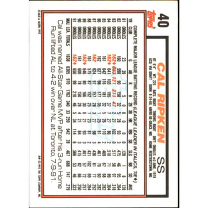1992 Topps #40 Cal Ripken Jr. EX Excellent Baltimore Orioles Baseball Card - Baseball Card