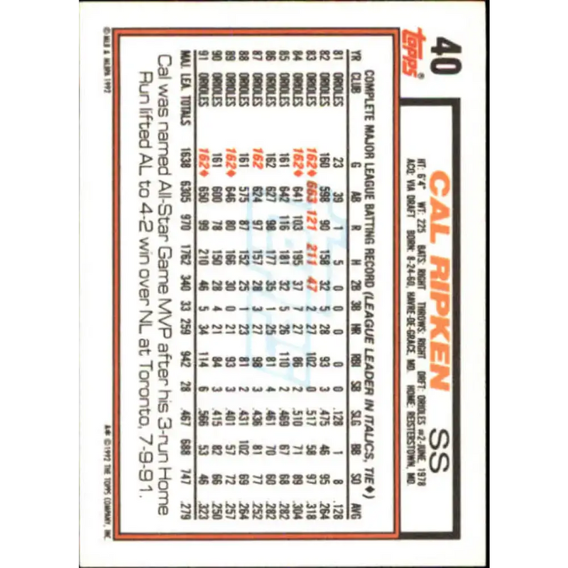 1992 Topps #40 Cal Ripken Jr. EX Excellent Baltimore Orioles Baseball Card - Baseball Card Single