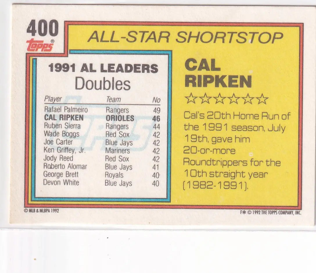 1992 TOPPS #400 CAL RIPKEN ALL STAR- BALTIMORE ORIOLES