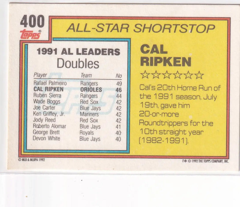 1992 TOPPS #400 CAL RIPKEN ALL STAR- BALTIMORE ORIOLES
