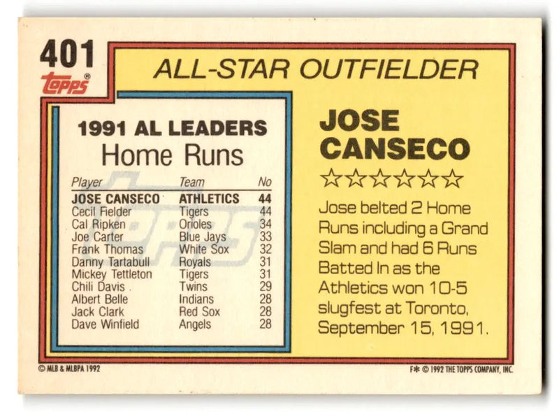1992 Topps #401 Jose Canseco - Baseball Card Single