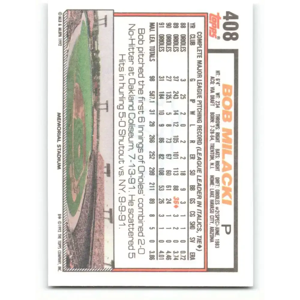 1992 Topps #408 Bob Milacki NM-MT Baltimore Orioles Baseball Card - Baseball Card Single
