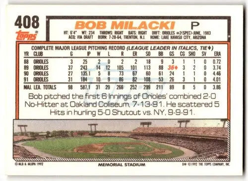 1992 Topps #408 Bob Milacki NM Near Mint Orioles ID:43525 - Baseball Card Single