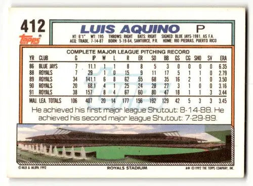 1992 Topps #412 Luis Aquino Kansas City Royals Baseball Cards EX/NM ID:55807 - Baseball Card Single