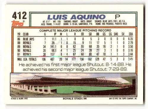 1992 Topps #412 Luis Aquino Kansas City Royals Baseball Cards EX/NM ID:61169 - Baseball Card Single