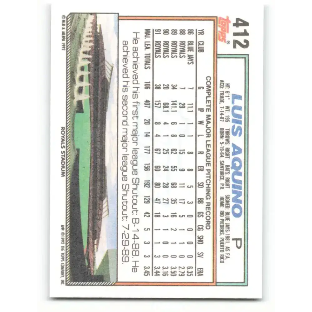 1992 Topps #412 Luis Aquino NM-MT Kansas City Royals Baseball Card - Baseball Card Single