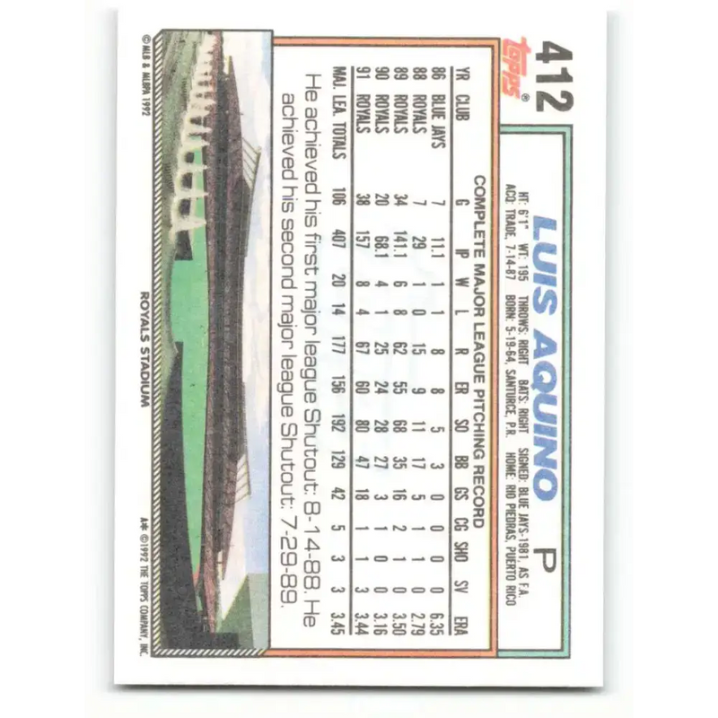 1992 Topps #412 Luis Aquino NM-MT Kansas City Royals Baseball Card - Baseball Card Single
