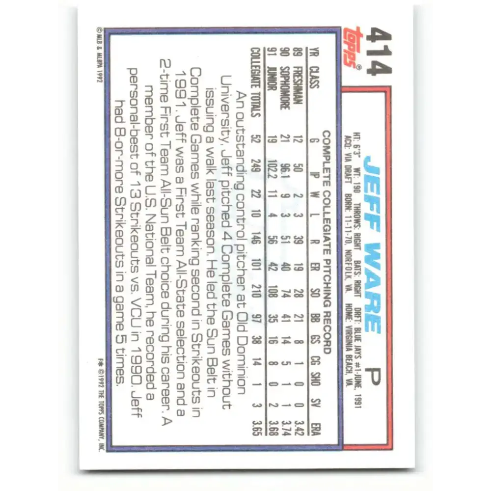 1992 Topps #414 Jeff Ware NM-MT Toronto Blue Jays Baseball Card - Baseball Card Single