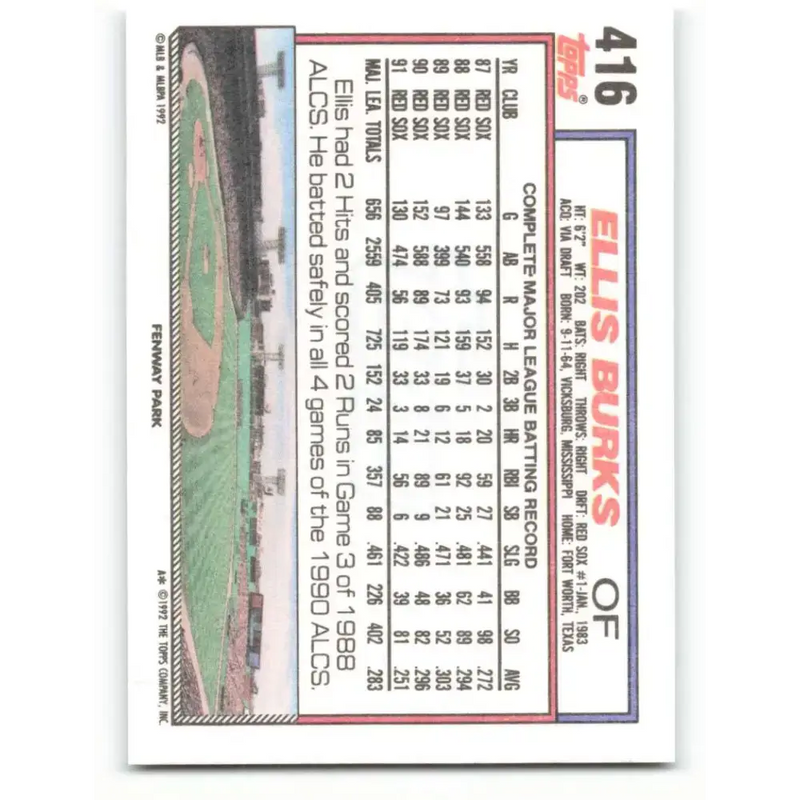 1992 Topps #416 Ellis Burks NM-MT Boston Red Sox Baseball Card - Baseball Card Single