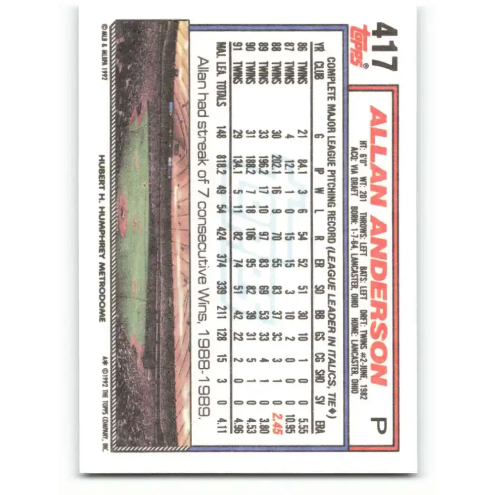 1992 Topps #417 Allan Anderson NM-MT Minnesota Twins Baseball Card - Baseball Card Single