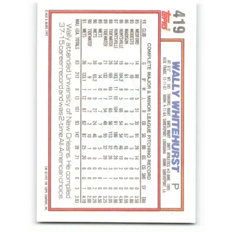 1992 Topps #419 Wally Whitehurst NM-MT New York Mets Baseball Card - Baseball Card Single