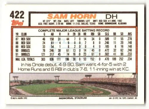 1992 Topps #422 Sam Horn Baltimore Orioles Baseball Cards EX/NM ID:55851 - Baseball Card Single