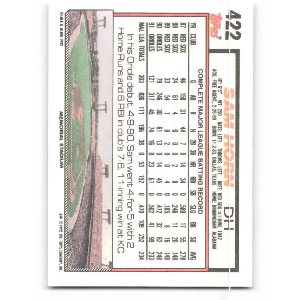1992 Topps #422 Sam Horn NM-MT Baltimore Orioles Baseball Card - Baseball Card Single