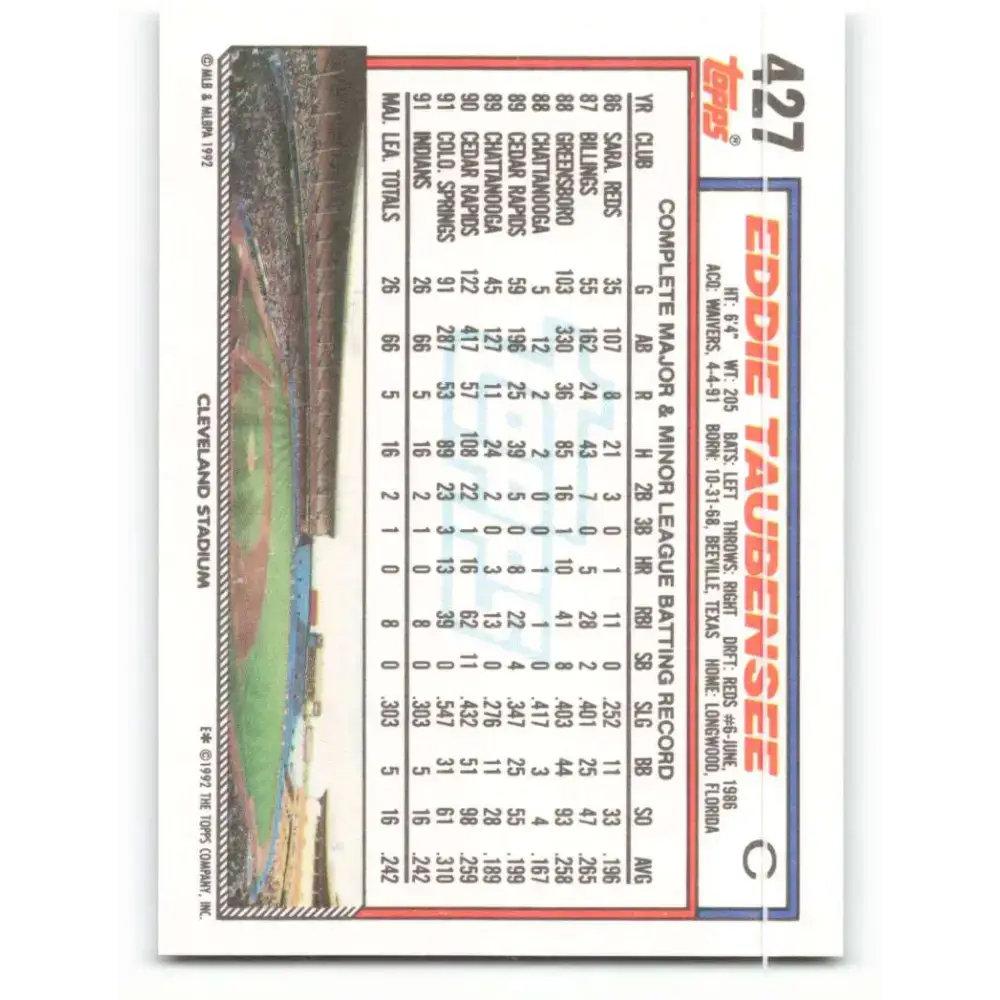 1992 Topps #427 Eddie Taubensee NM-MT RC Rookie Cleveland Indians Baseball Card - Baseball Card Single