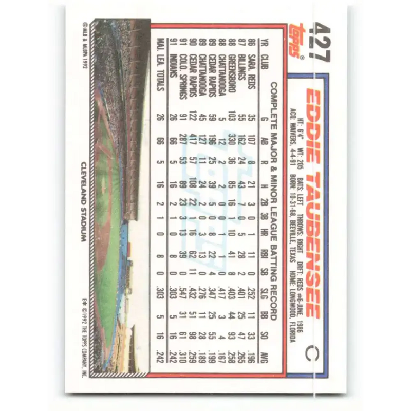 1992 Topps #427 Eddie Taubensee NM-MT RC Rookie Cleveland Indians Baseball Card - Baseball Card Single