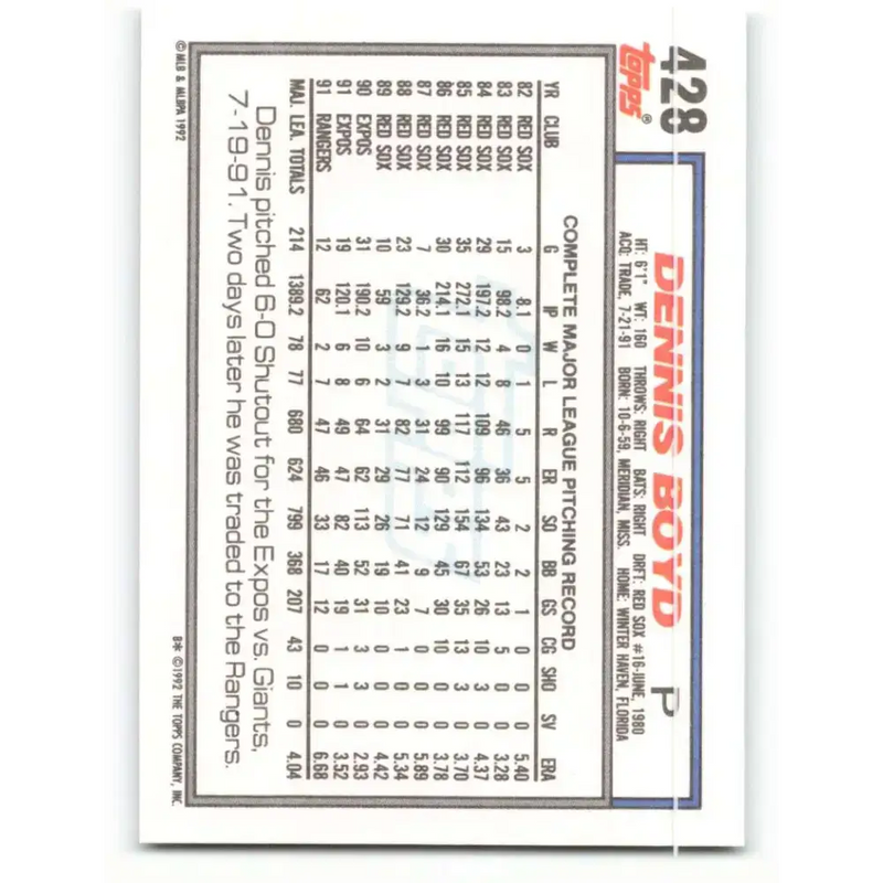 1992 Topps #428 Oil Can Boyd NM-MT Texas Rangers Baseball Card