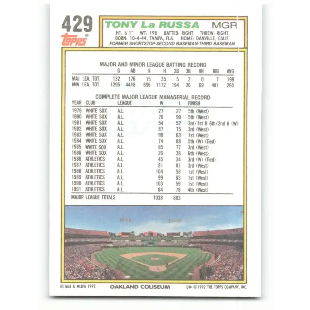 1992 Topps #429 Tony LaRussa NM-MT Oakland Athletics Baseball Card - Baseball Card Single