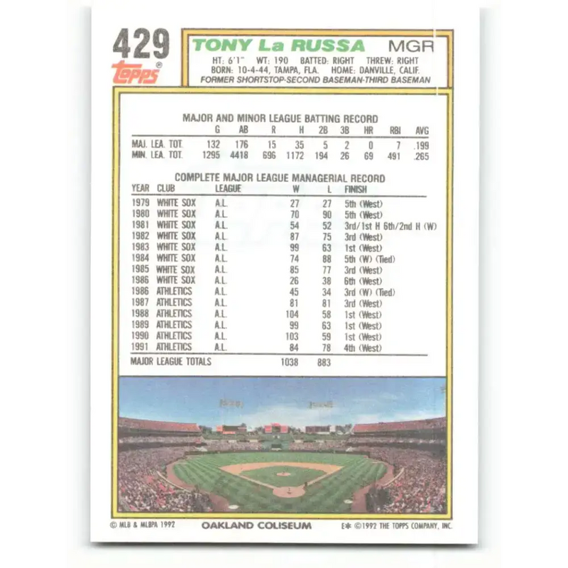 1992 Topps #429 Tony LaRussa NM-MT Oakland Athletics Baseball Card - Baseball Card Single