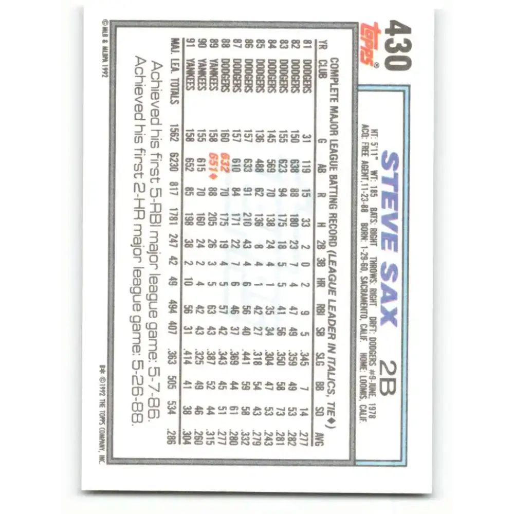 1992 Topps #430 Steve Sax NM-MT New York Yankees Baseball Card - Baseball Card Single