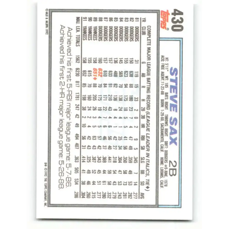 1992 Topps #430 Steve Sax NM-MT New York Yankees Baseball Card - Baseball Card Single