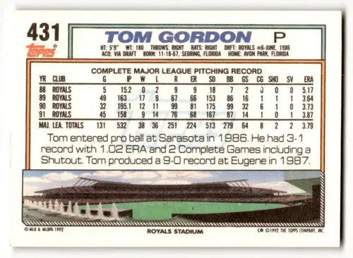 1992 Topps #431 Tom Gordon Kansas City Royals Baseball Cards EX/NM ID:55828 - Baseball Card Single