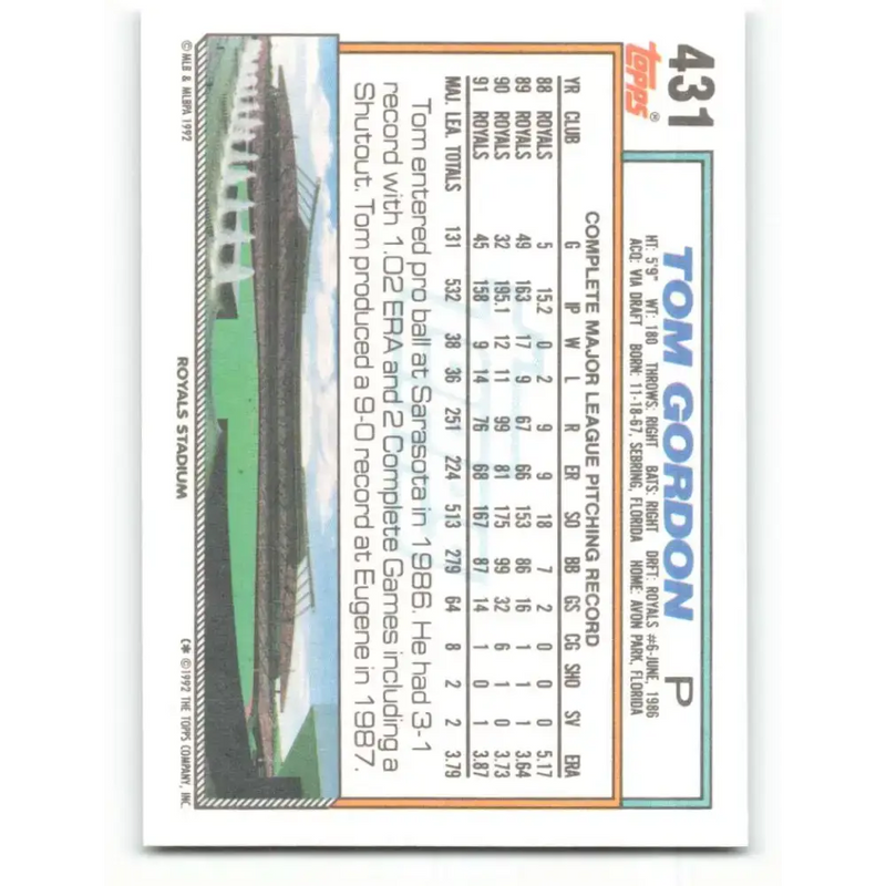 1992 Topps #431 Tom Gordon NM-MT Kansas City Royals Baseball Card - Baseball Card Single