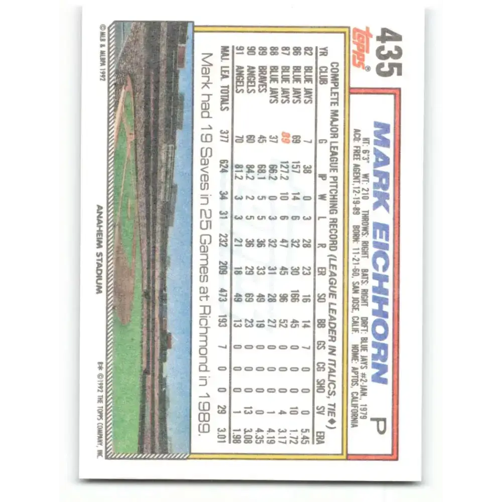 1992 Topps #435 Mark Eichhorn NM-MT California Angels Baseball Card - Baseball Card Single