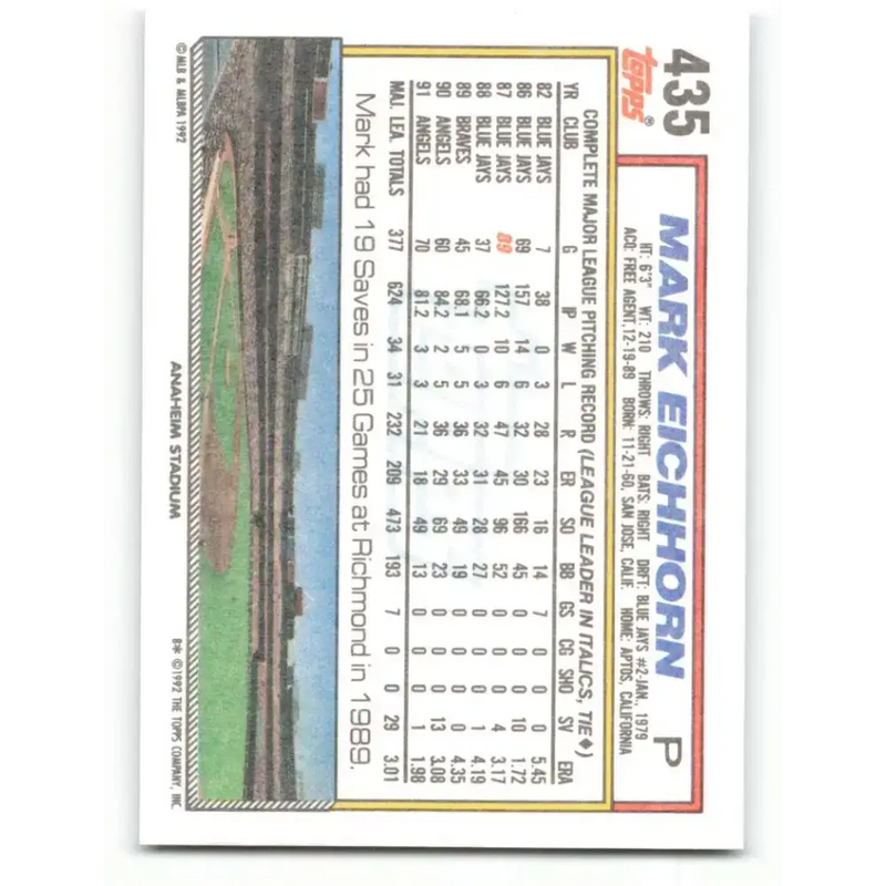 1992 Topps #435 Mark Eichhorn NM-MT California Angels Baseball Card - Baseball Card Single