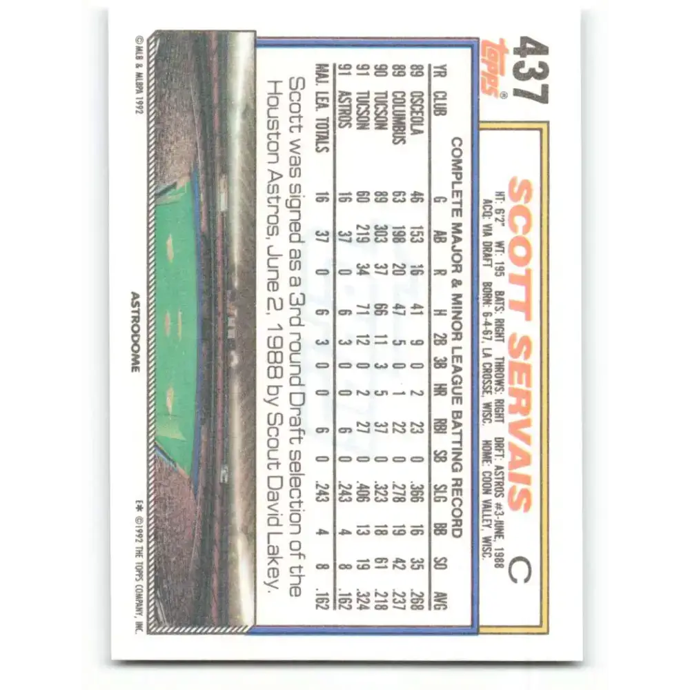 1992 Topps #437 Scott Servais NM-MT Houston Astros Baseball Card - Baseball Card Single
