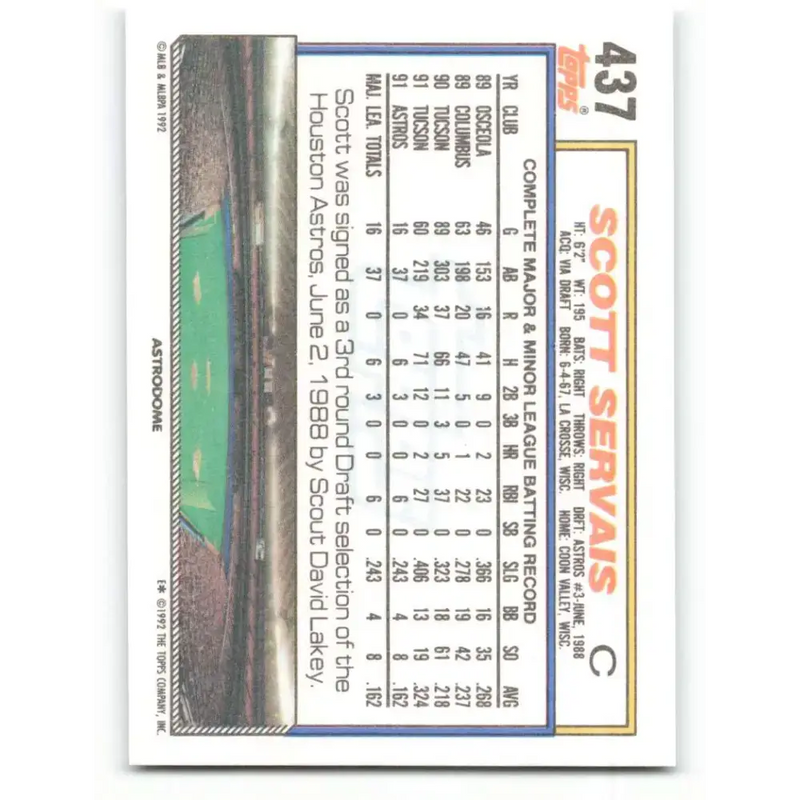 1992 Topps #437 Scott Servais NM-MT Houston Astros Baseball Card - Baseball Card Single