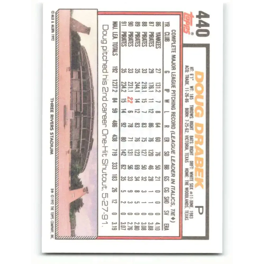1992 Topps #440 Doug Drabek NM-MT Pittsburgh Pirates Baseball Card - Baseball Card Single