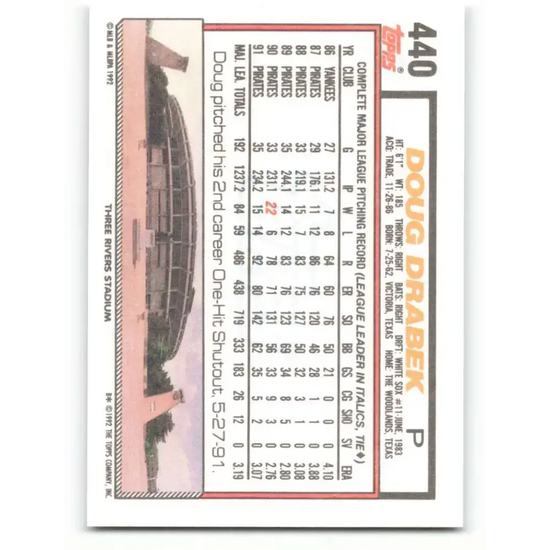 1992 Topps #440 Doug Drabek NM-MT Pittsburgh Pirates Baseball Card - Baseball Card Single