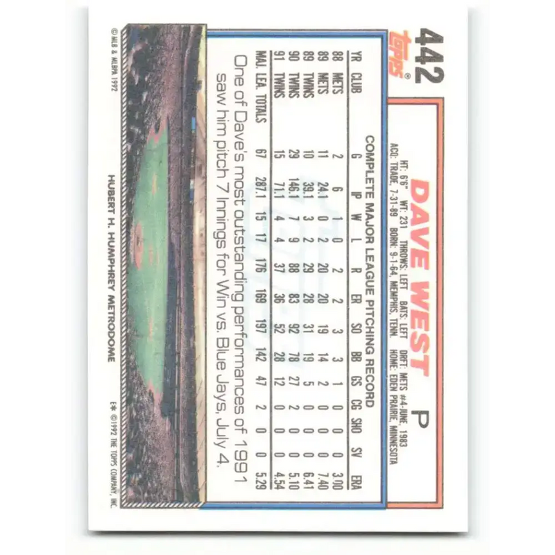 1992 Topps #442 Dave West NM-MT Minnesota Twins Baseball Card - Baseball Card Single