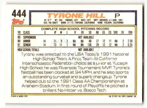 1992 Topps #444 Tyrone Hill Milwaukee Brewers Baseball Cards EX/NM ID:61162 - Baseball Card Single