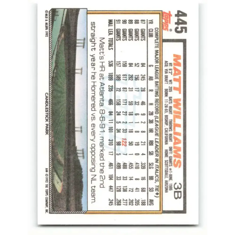 1992 Topps #445 Matt Williams NM-MT San Francisco Giants Baseball Card