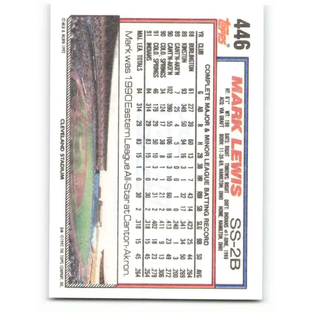 1992 Topps #446 Mark Lewis NM-MT Cleveland Indians Baseball Card - Baseball Card Single
