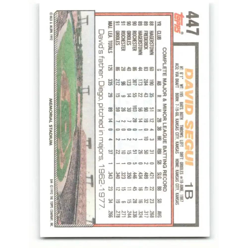 1992 Topps #447 David Segui NM-MT Baltimore Orioles Baseball Card - Baseball Card Single