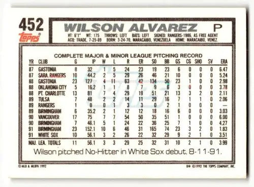 1992 Topps #452 Wilson Alvarez Chicago White Sox Baseball Cards EX/N ID:55852 - Baseball Card Single