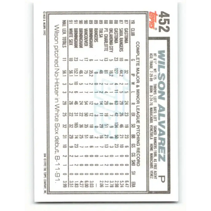 1992 Topps #452 Wilson Alvarez EX Excellent Chicago White Sox Baseball Card - Baseball Card