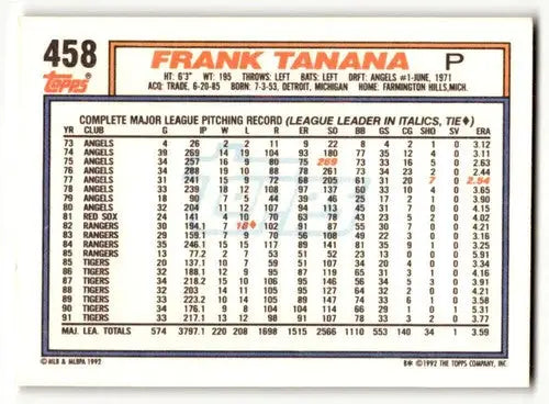 1992 Topps #458 Frank Tanana Detroit Tigers Baseball Cards EX/NM ID:55824 - Baseball Card Single