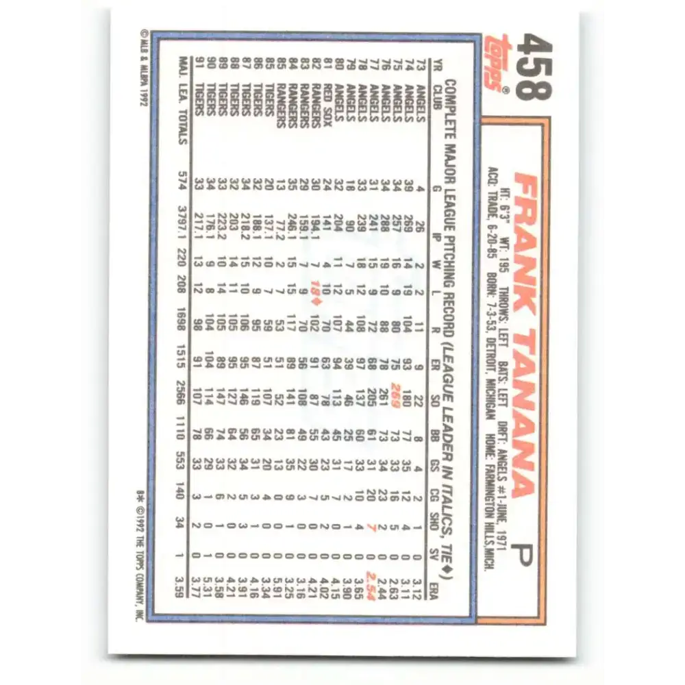 1992 Topps #458 Frank Tanana NM-MT Detroit Tigers Baseball Card - Baseball Card Single